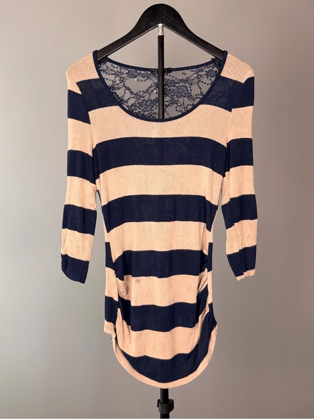 Vintage Y2K Mall Deb Sheer Striped Lace Sequin Back Knit Top Small Boho Coquette